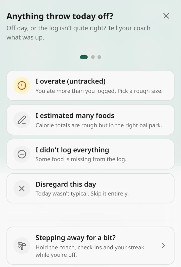 Ampsu sheet titled Anything throw today off? with options: I overate (untracked), I estimated many foods, I didn't log everything, Disregard this day, and Stepping away for a bit?