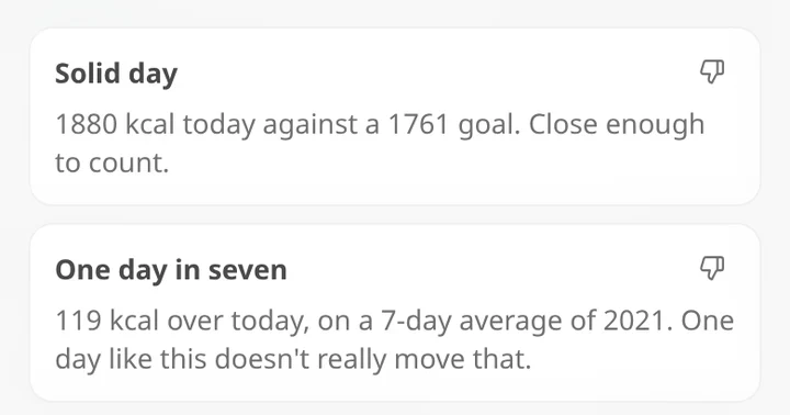 Two coach lines: Solid day, 1880 kcal today against a 1761 goal, close enough to count. One day in seven, 119 kcal over today on a 7-day average of 2021, one day like this doesn't really move that.