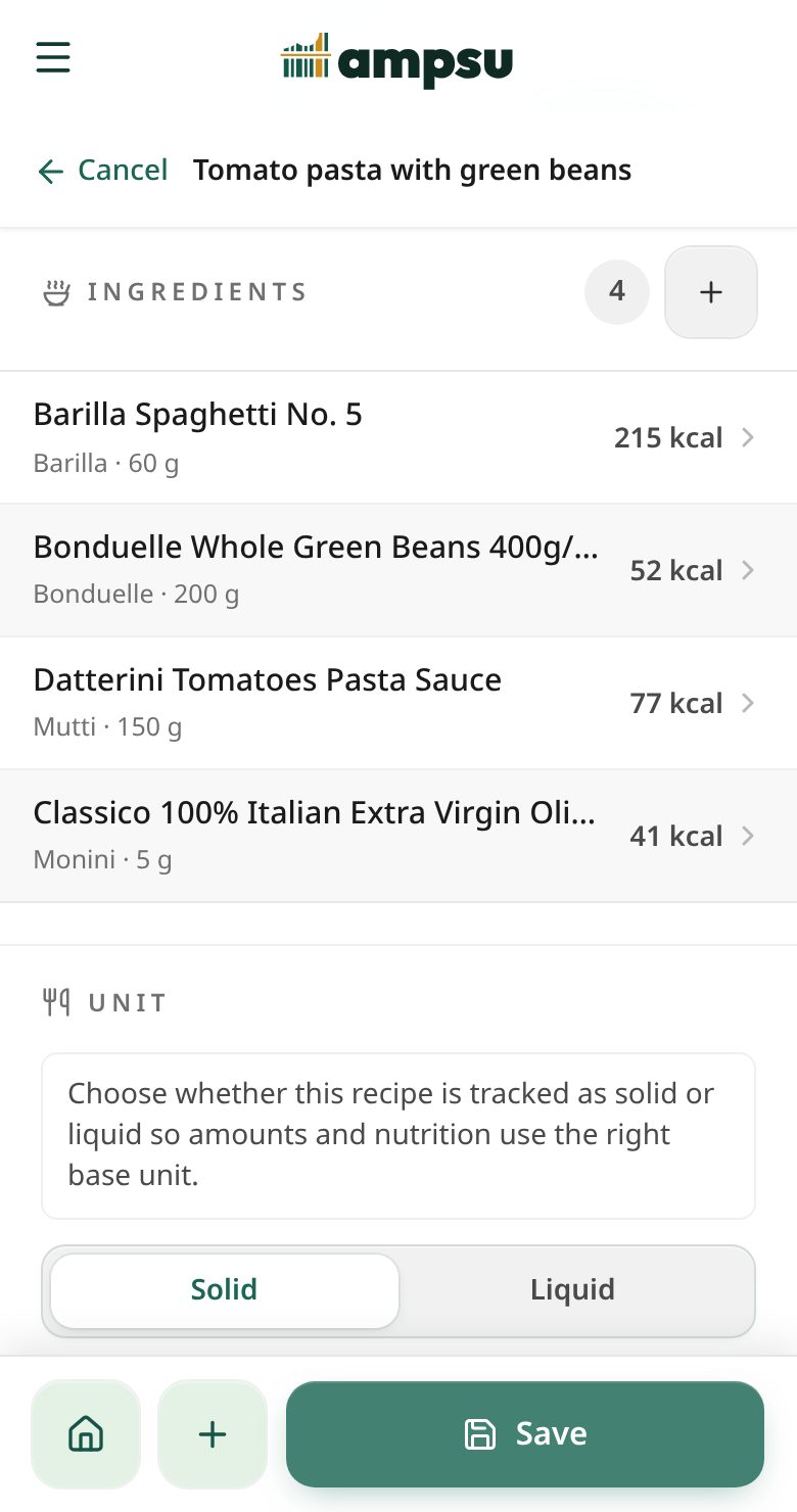 Ampsu recipe screen showing 60 g Barilla spaghetti at 215 kcal, 200 g Bonduelle green beans at 52 kcal, Mutti tomato sauce at 77 kcal and Monini olive oil at 41 kcal