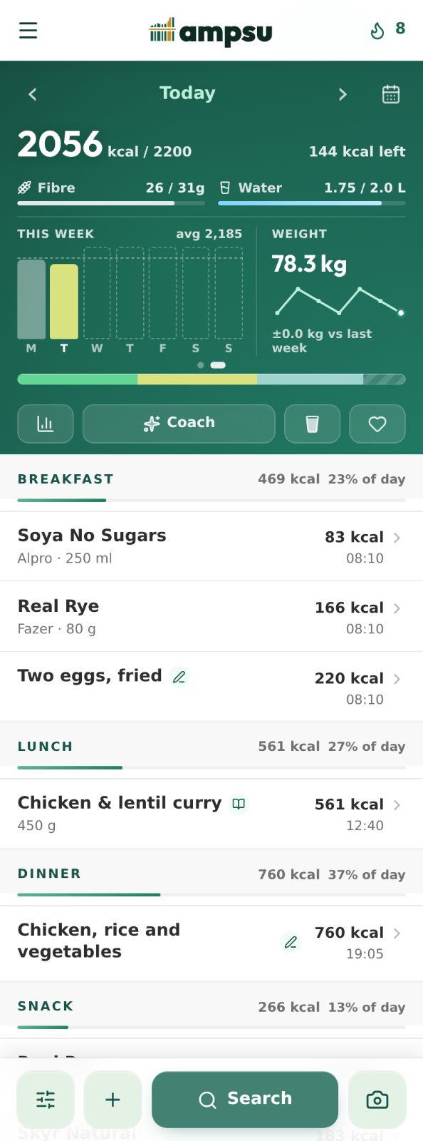 The actual diary's second page shows 26 g of fibre against a 31 g target, water, weekly calories and recent weight above the logged meals