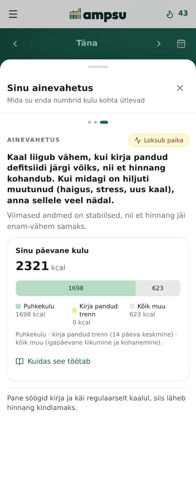 Ampsu coach'i ainevahetuse vaade jagab päevase energiakulu puhkeoleku, treeningu ja muu liikumise vahel