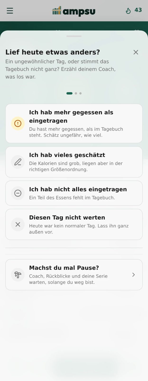 Ampsu-Ansicht für Besonderheiten des Tages mit Optionen für fehlendes Essen, geschätzte Mengen, Tag ignorieren und Pause