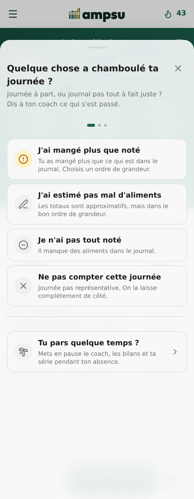 Écran Ampsu des particularités du jour avec aliments non notés, quantités estimées, journée à ignorer et pause