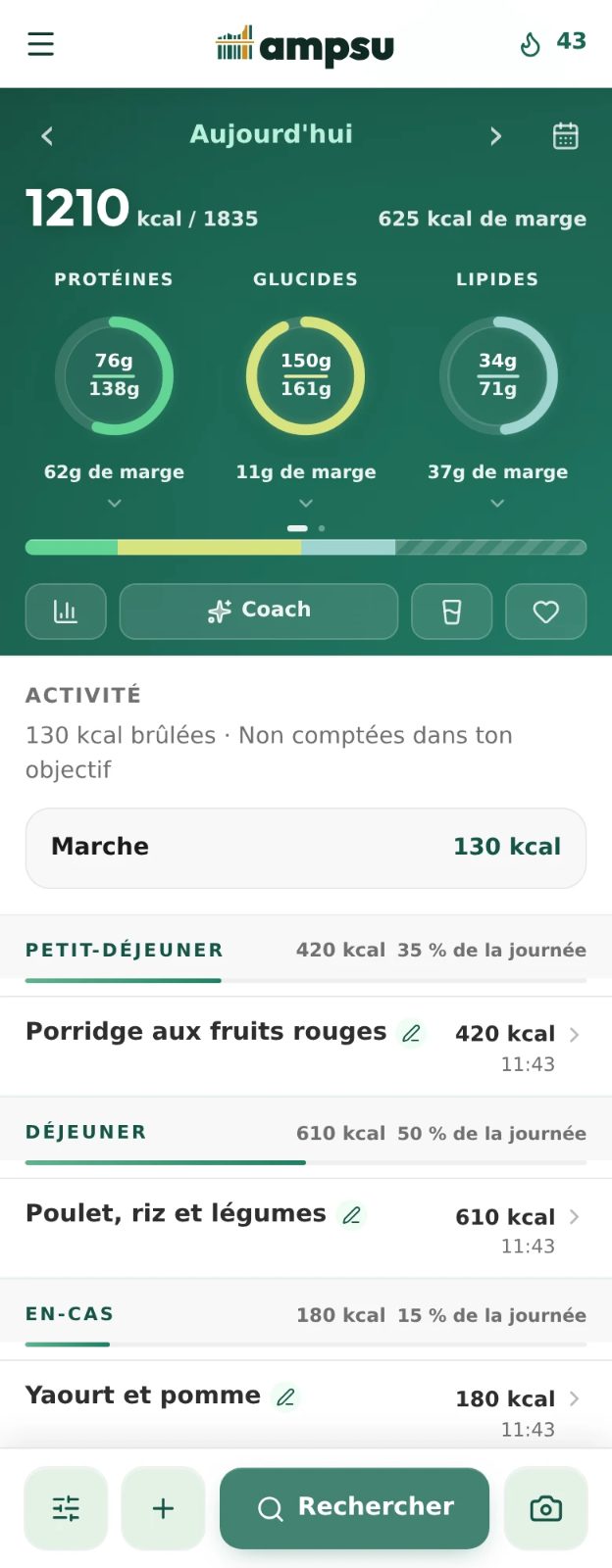 Journal Ampsu avec le total calorique quotidien, le petit-déjeuner, le déjeuner et un en-cas enregistrés