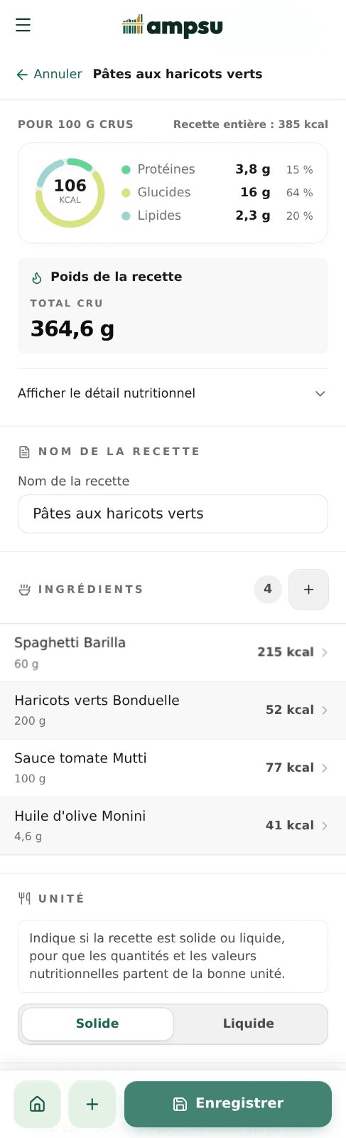 Recette dans Ampsu avec 60 g de spaghetti Barilla à 215 kcal, 200 g de haricots verts Bonduelle à 52 kcal, une sauce tomate Mutti à 77 kcal et de l'huile d'olive Monini à 41 kcal