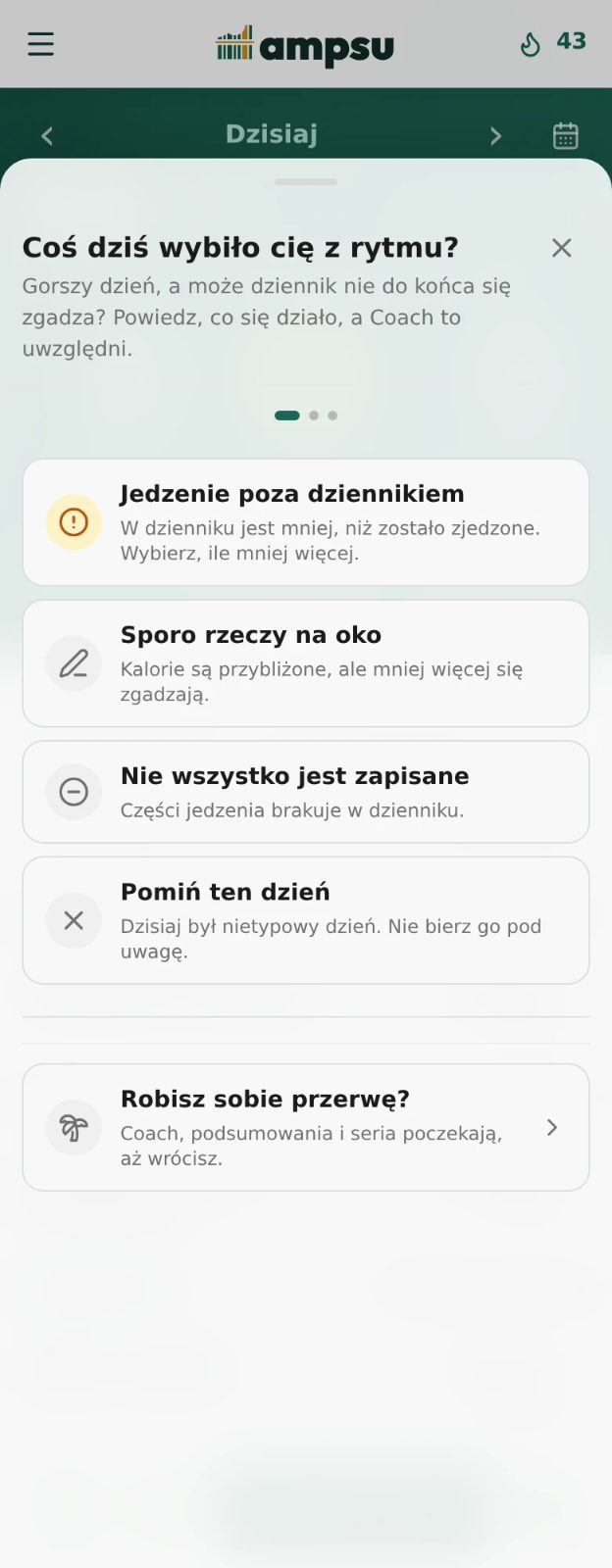 Widok Ampsu opisujący nietypowy dzień, z opcjami brakującego jedzenia, szacowanych porcji, pominięcia dnia i przerwy