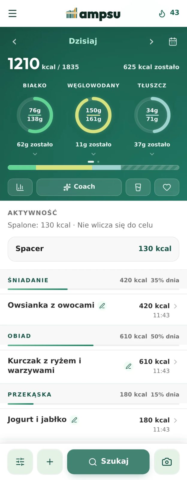 Dziennik Ampsu z dzienną sumą kalorii oraz zapisanym śniadaniem, obiadem i przekąską