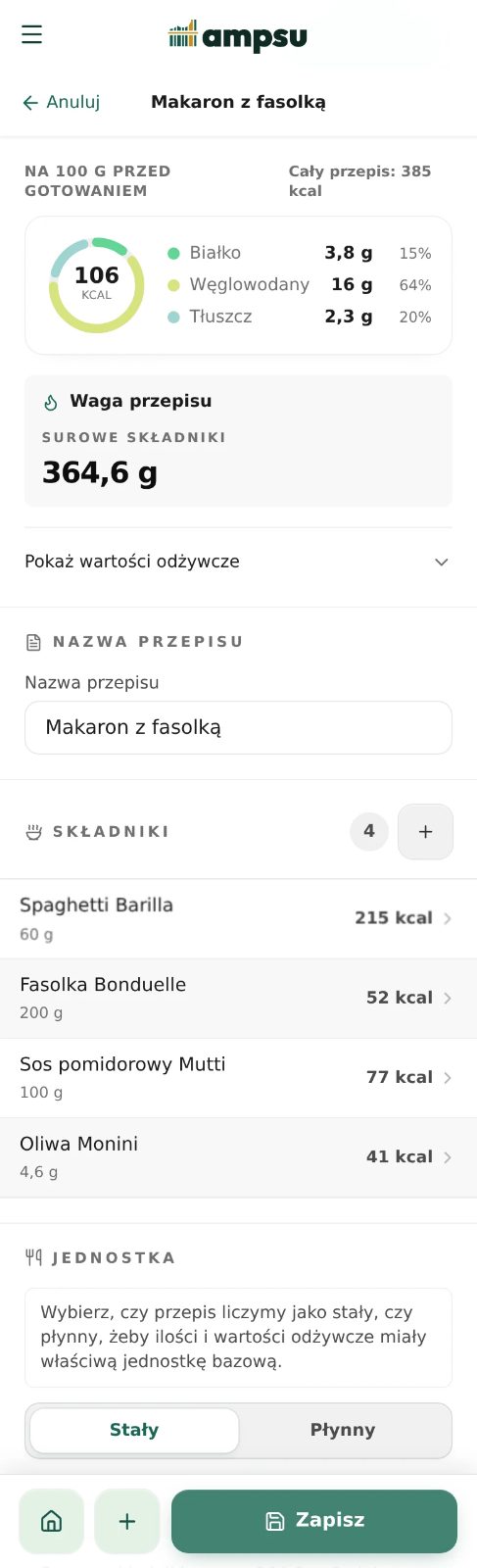 Przepis w Ampsu: 60 g spaghetti Barilla ma 215 kcal, 200 g fasolki Bonduelle 52 kcal, sos pomidorowy Mutti 77 kcal, a oliwa Monini 41 kcal