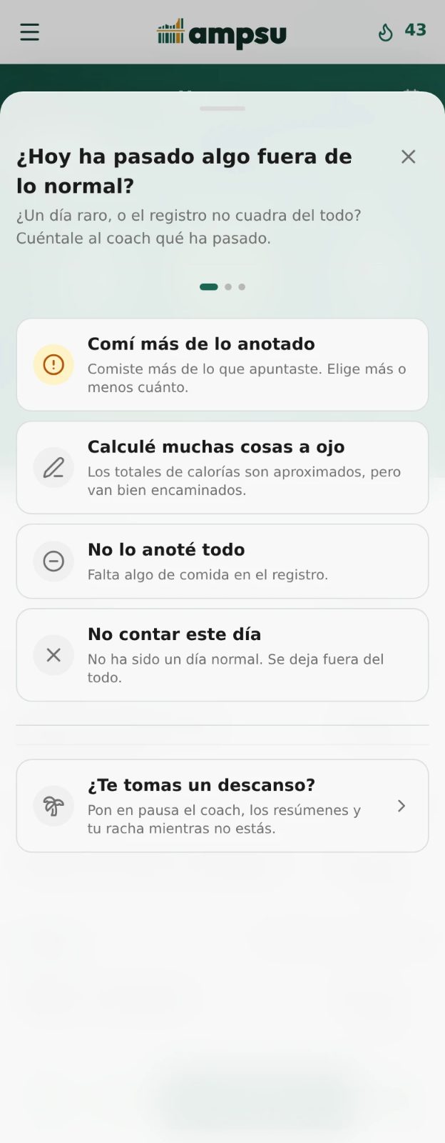 Pantalla de Ampsu para indicar comida no anotada, cantidades estimadas, un día que no debe contar o un descanso
