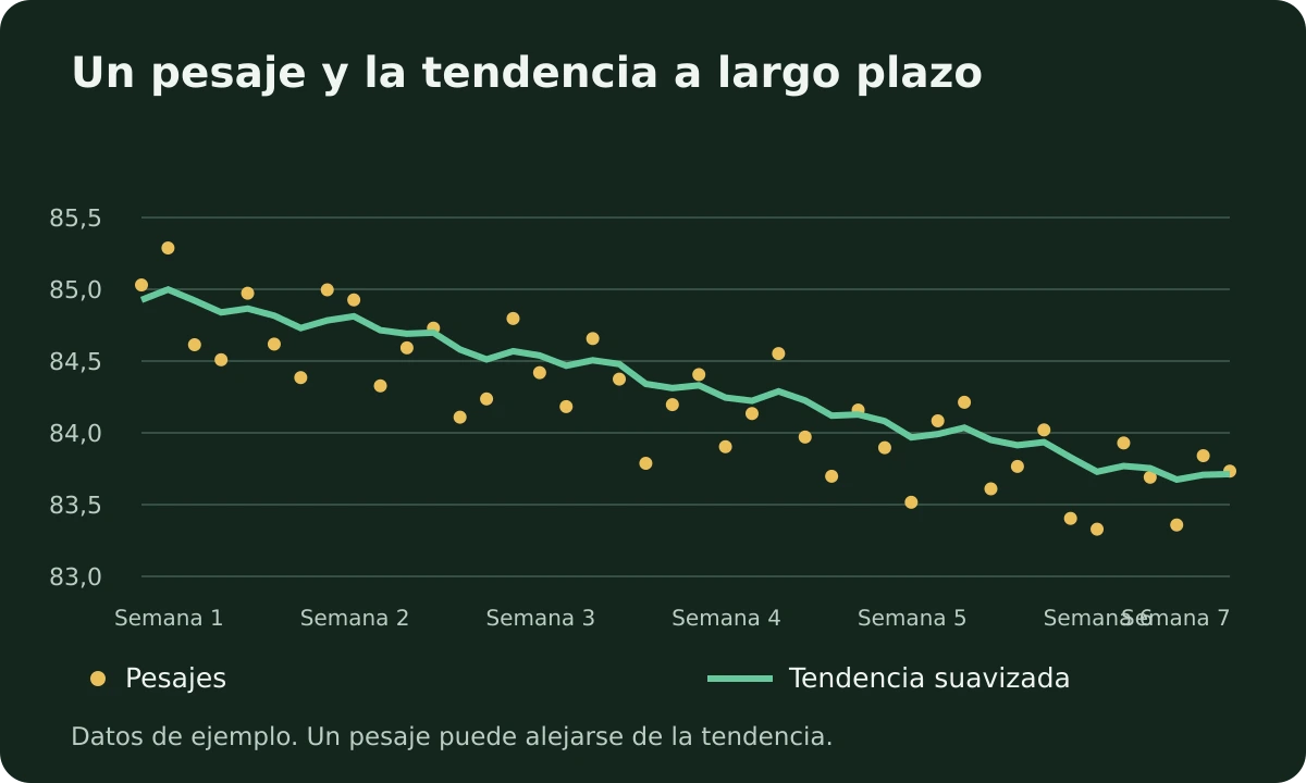 Seis semanas de pesajes de ejemplo con oscilaciones diarias y una tendencia suavizada descendente