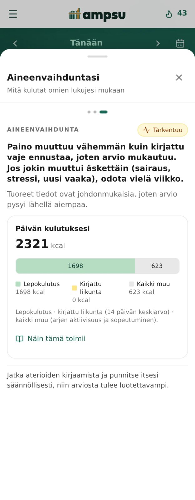 Ampsun valmentaja jakaa päivän kulutuksen lepoon, kirjattuun liikuntaan ja muuhun aktiivisuuteen