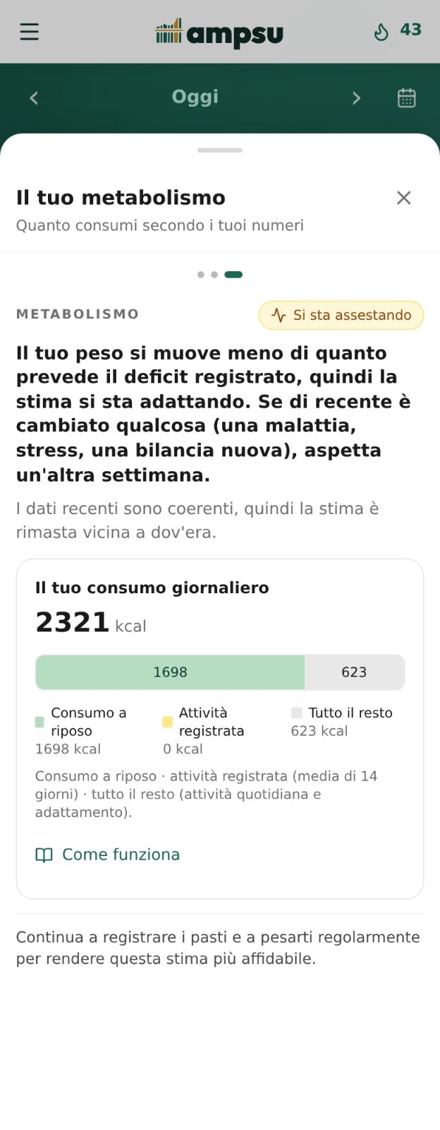 Il coach di Ampsu divide il consumo giornaliero fra riposo, attività registrata e altri movimenti