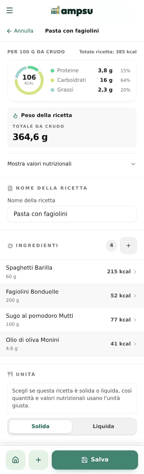 Ricetta di esempio in Ampsu con 60 g di spaghetti e 215 kcal, 200 g di fagiolini e 52 kcal, sugo di pomodoro e 77 kcal, olio di oliva e 41 kcal