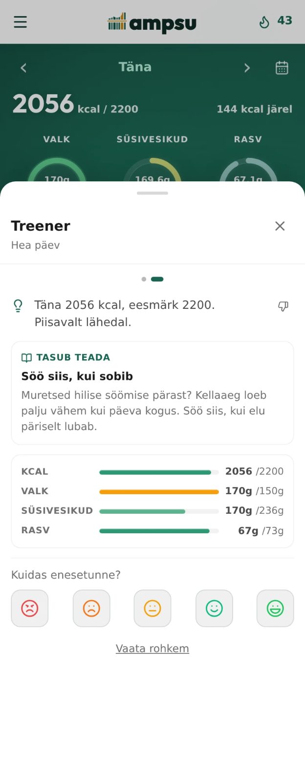 Ampsu õhtune treenerikaart päevakokkuvõtte, kalorite ja makrode ning enesetunde küsimusega