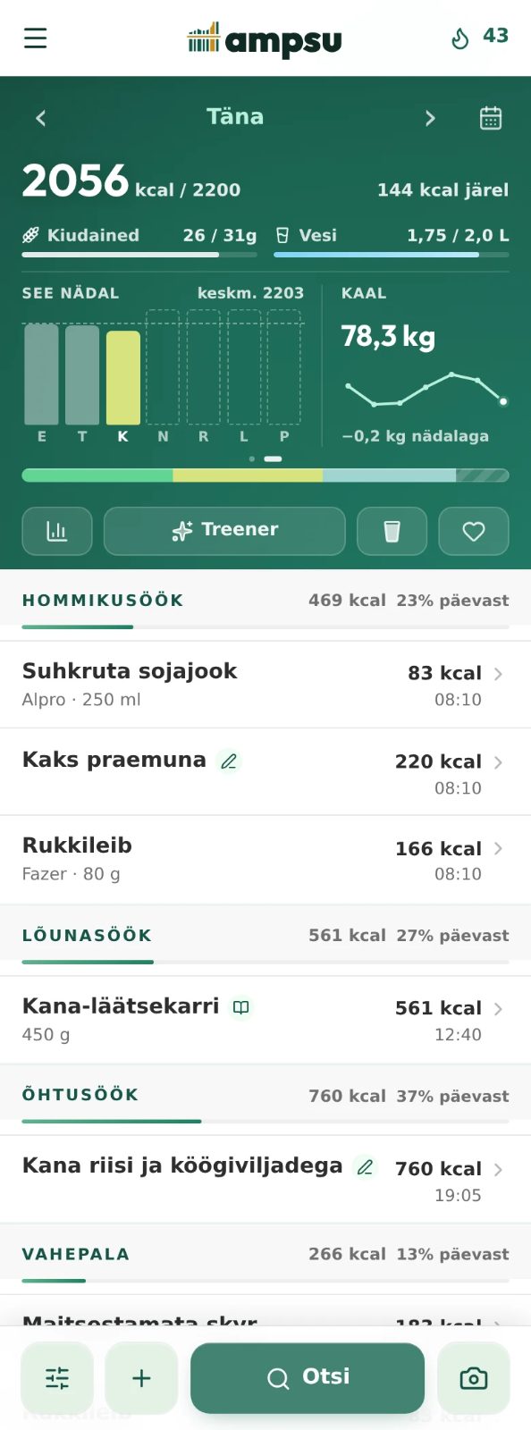 Ampsu päeviku teine vaade näitab kiudaineid, veekogust, nädala kaloreid ja hiljutist kaalu söödud toitude kohal