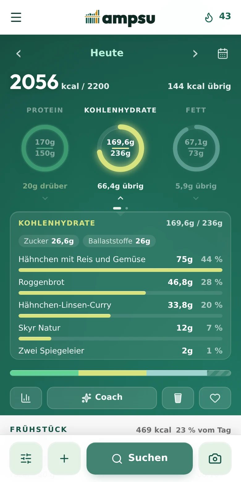 Geöffneter Kohlenhydrat-Ring mit Zucker und Ballaststoffen über den Kohlenhydratbeiträgen der Lebensmittel