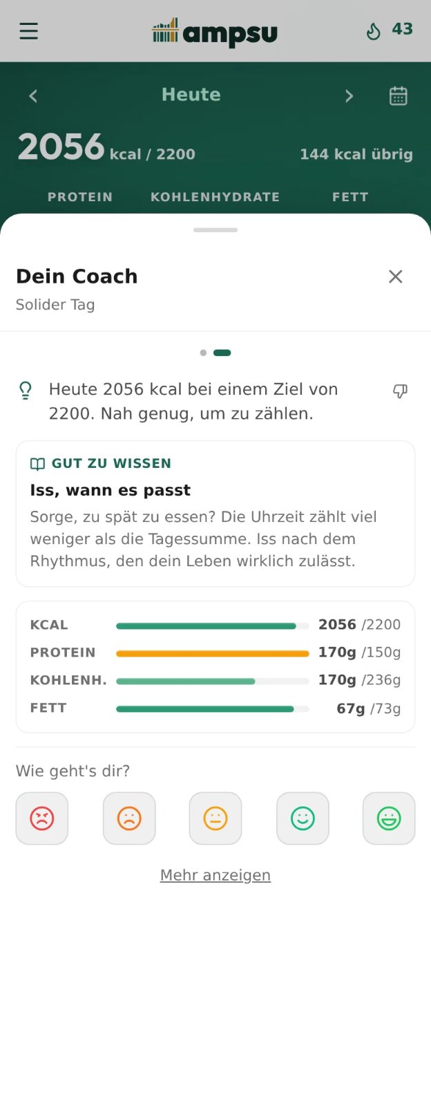Eine Ampsu-Coachkarte am Abend mit Tagesrückblick, Kalorien, Makros und einer Frage zum Befinden