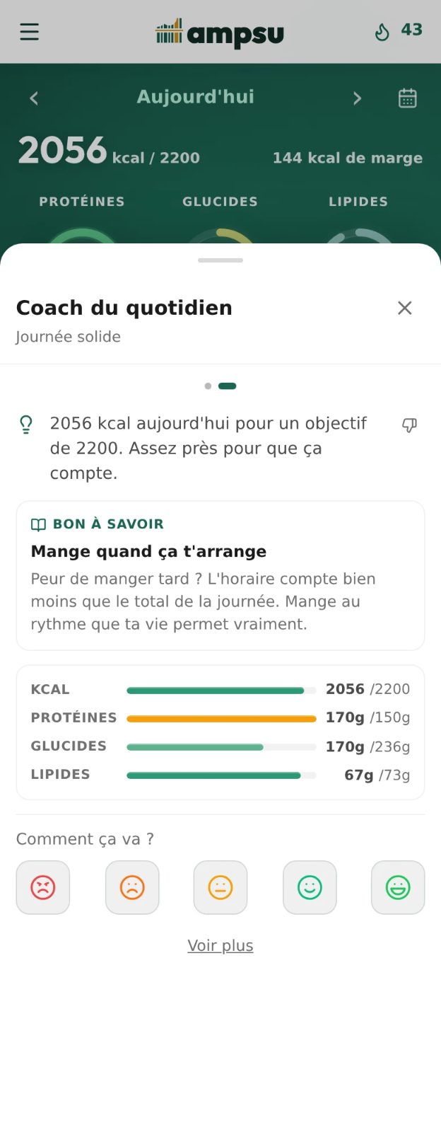 Carte du coach Ampsu le soir avec bilan, calories, macros et question sur le ressenti
