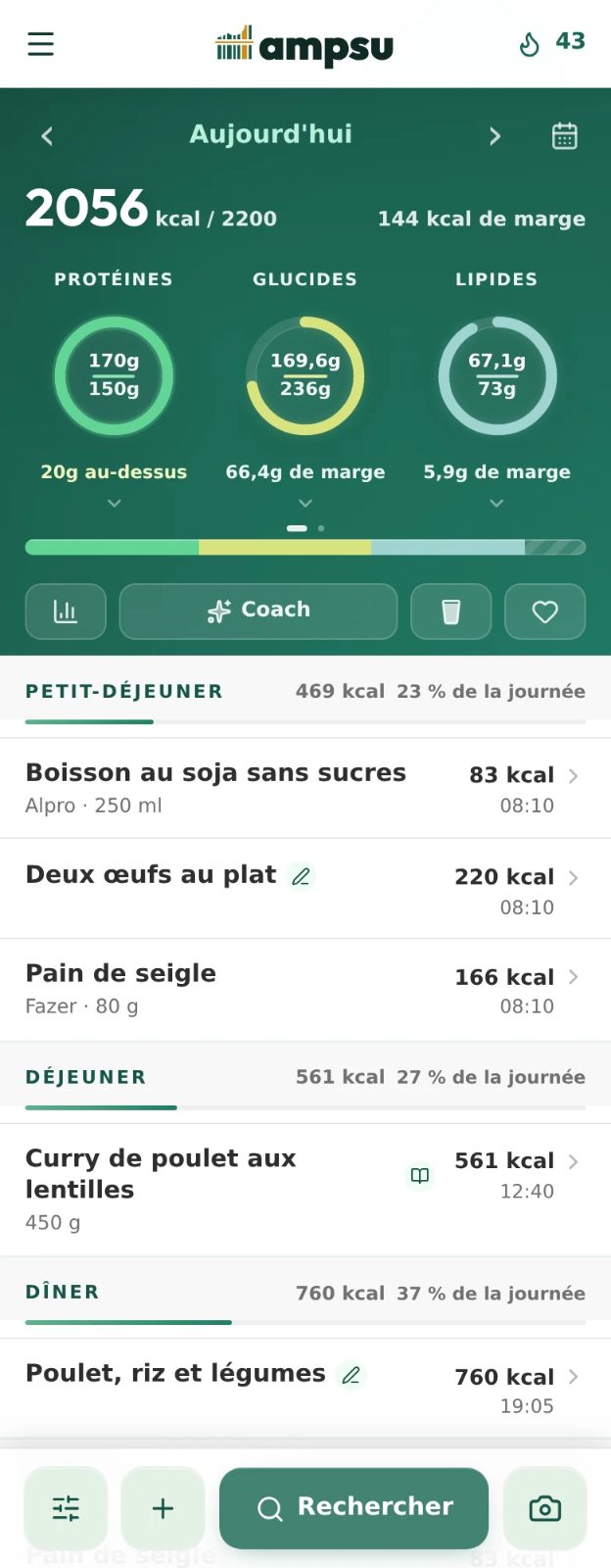 Journal Ampsu avec calories et macros face à l'objectif du jour et repas notés en grammes