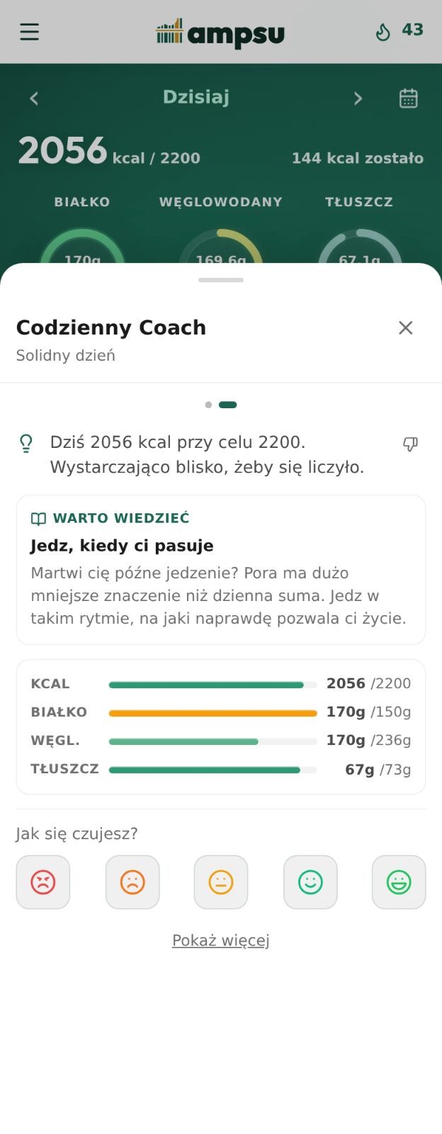 Wieczorna karta Coach w Ampsu z podsumowaniem, kaloriami, makro i pytaniem o samopoczucie