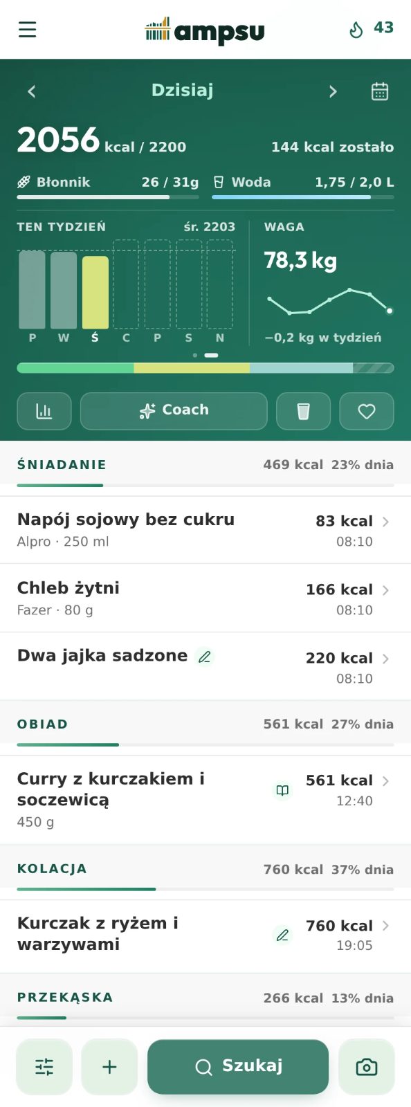 Druga strona dziennika pokazuje błonnik, wodę, tygodniowe kalorie i ostatnią wagę nad zapisanymi posiłkami