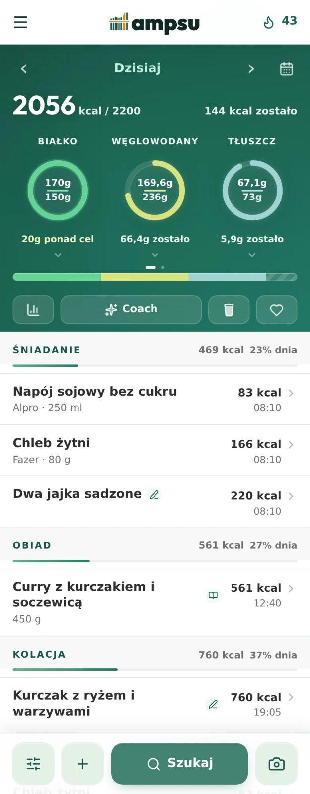 Dziennik Ampsu z kaloriami i makro względem celu oraz posiłkami zapisanymi w gramach