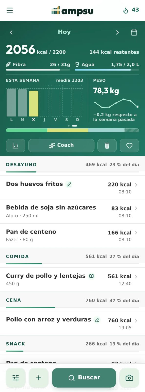 La segunda página del diario muestra fibra, agua, calorías semanales y el peso reciente sobre las comidas registradas