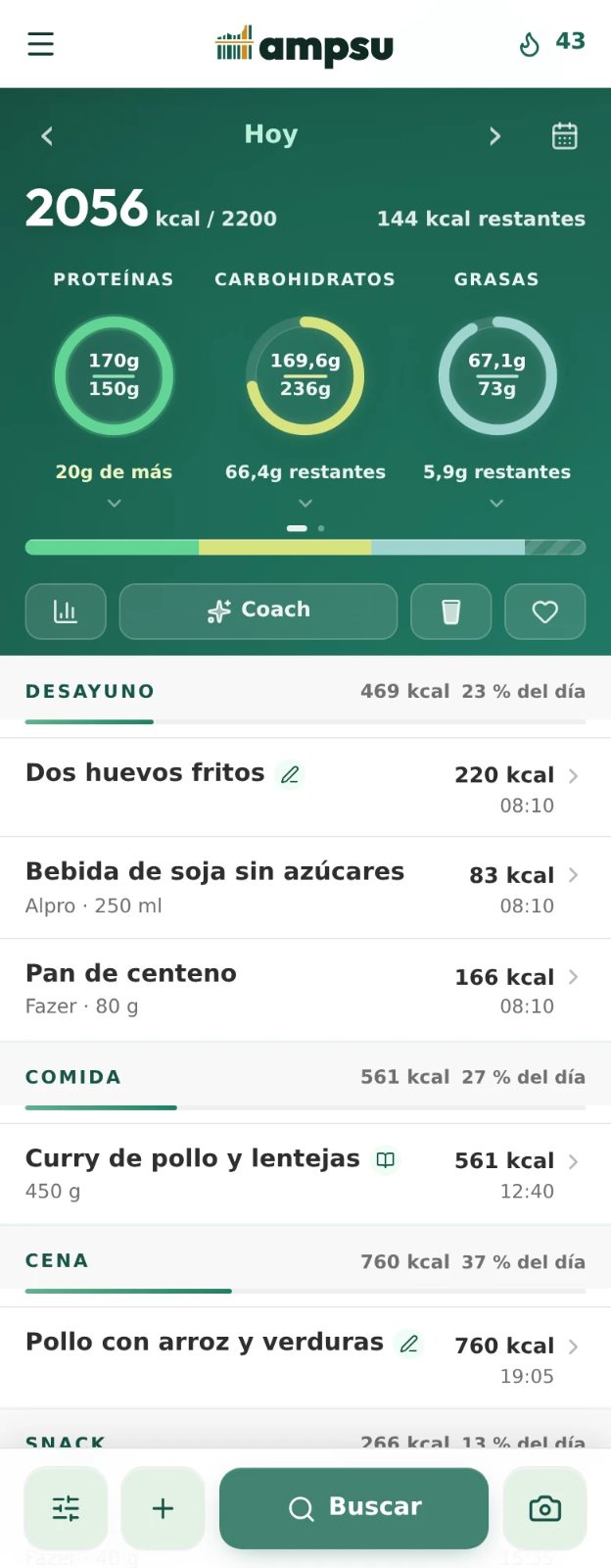 Diario de Ampsu con calorías y macros frente al objetivo del día y comidas registradas en gramos