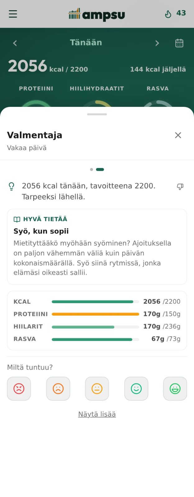 Ampsun iltavalmennuskortti sisältää päivän katsauksen, kalorit, makrot ja kysymyksen voinnista