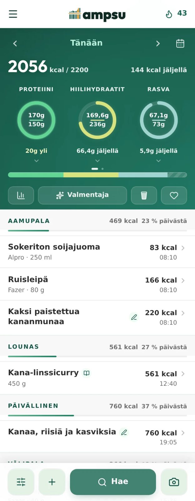 Ampsun päiväkirjassa kalorit ja makrot suhteessa tavoitteeseen sekä grammoina kirjatut ateriat