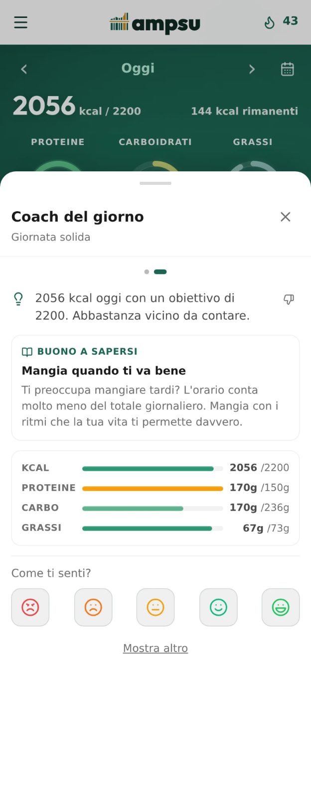 Scheda serale del coach Ampsu con riepilogo, calorie, macro e domanda su come ti senti