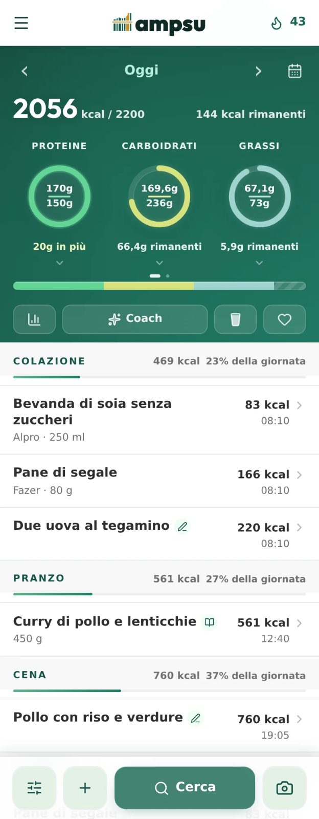 Diario Ampsu con calorie e macro rispetto all'obiettivo e pasti registrati in grammi