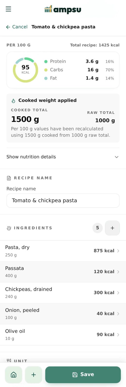 The example tomato and chickpea pasta recipe in Ampsu, with five ingredients, 1500 g cooked weight and 95 kcal per 100 g