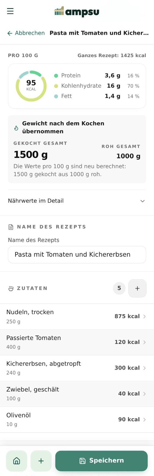 Das Beispielrezept Pasta mit Tomaten und Kichererbsen in Ampsu: fünf Zutaten, 1500 g Kochgewicht und 95 kcal pro 100 g.