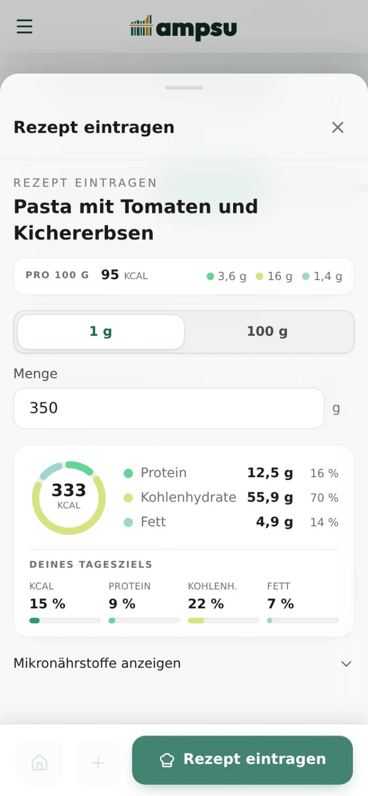 Das gespeicherte Nudelrezept in Ampsu mit einer Portion von 350 g und etwa 333 kcal.