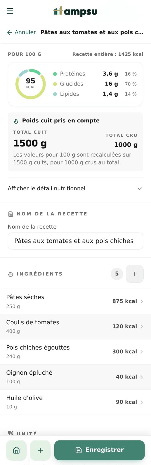 La recette de pâtes aux tomates et aux pois chiches dans Ampsu&nbsp;: cinq ingrédients, un poids cuit de 1 500 g et 95 kcal pour 100 g.