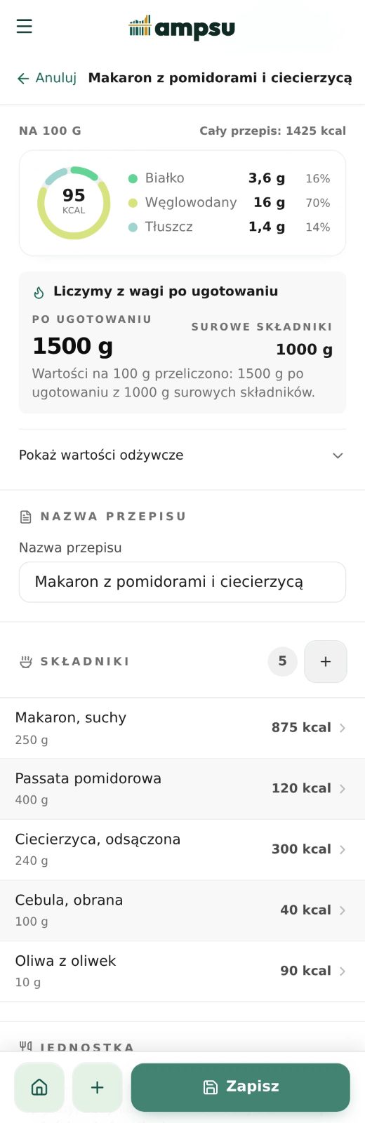Przykładowy makaron z pomidorami i ciecierzycą w Ampsu: pięć składników, masa po ugotowaniu 1500 g i 95 kcal na 100 g.
