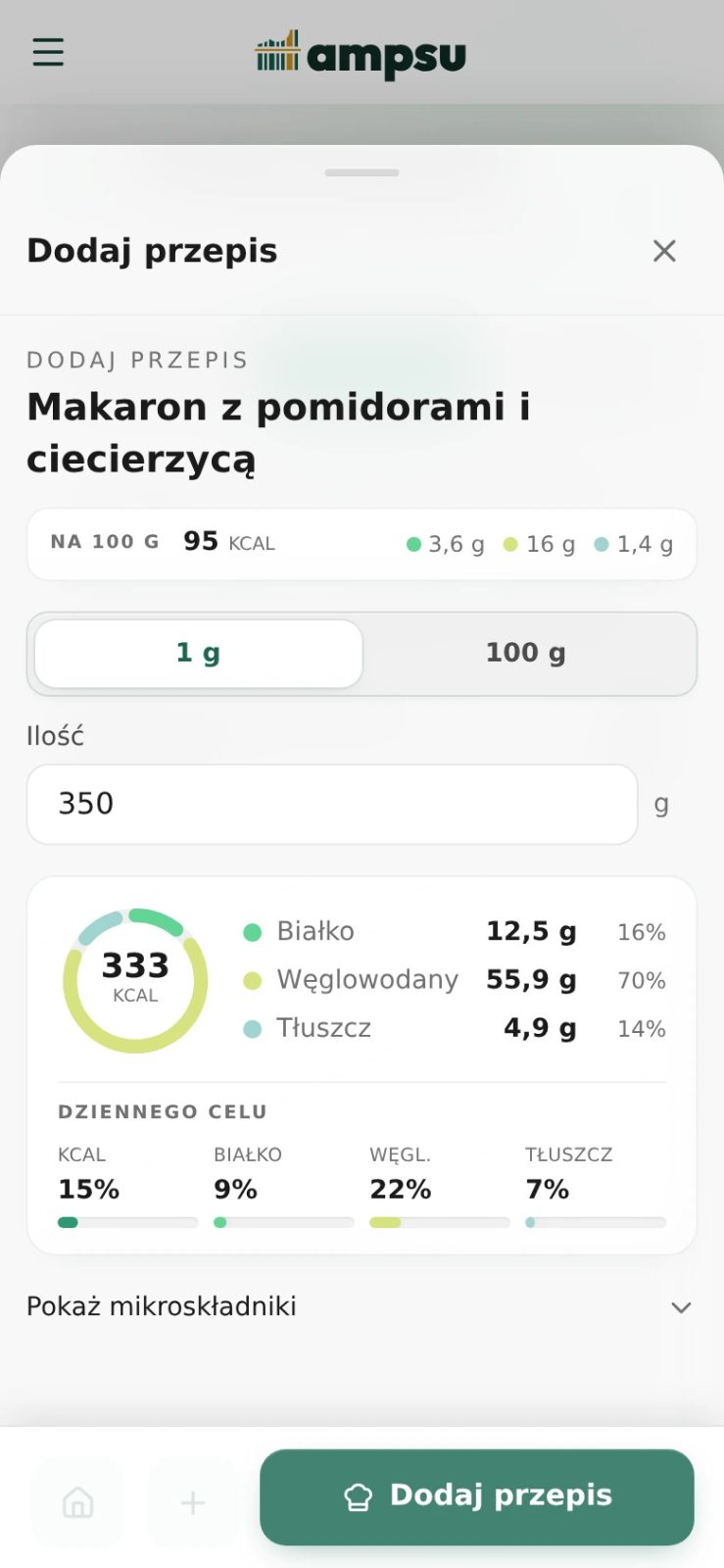 Zapisany przepis na makaron otwarty w Ampsu z porcją 350 g i wartością około 333 kcal.