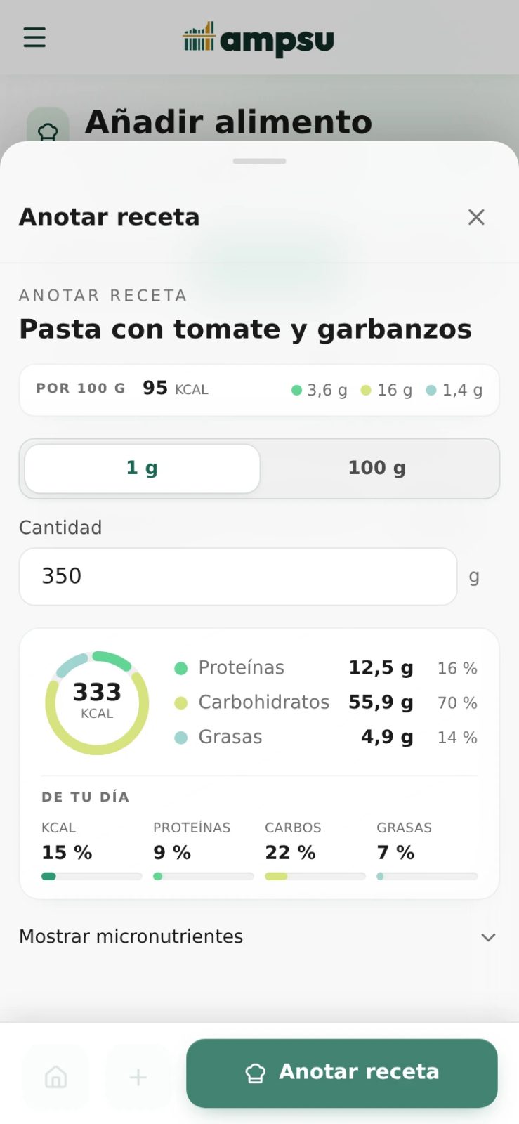 La receta de pasta guardada en Ampsu, abierta con una ración de 350 g y unas 333 kcal.