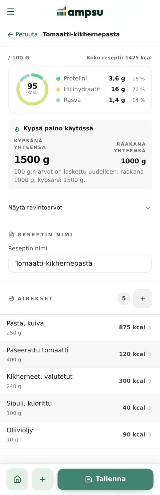Tomaatti-kikhernepasta Ampsussa: viisi ainesosaa, kypsä paino 1 500 g ja 95 kcal / 100 g.