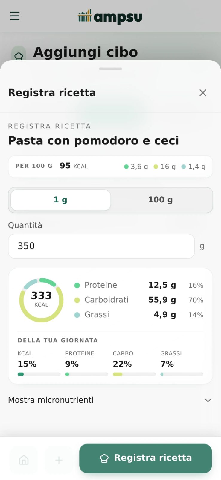 La ricetta di pasta salvata in Ampsu, aperta con una porzione da 350 g e circa 333 kcal.