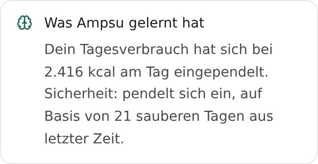 Ampsus gelernte Schätzung für das Beispielkonto: geschätzter Tagesverbrauch und sich einpendelnde Sicherheit auf Basis von 21 aktuellen Tagen.